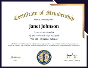 The National Trial Lawyers Top 100 Criminal Defense Certificate of Membership