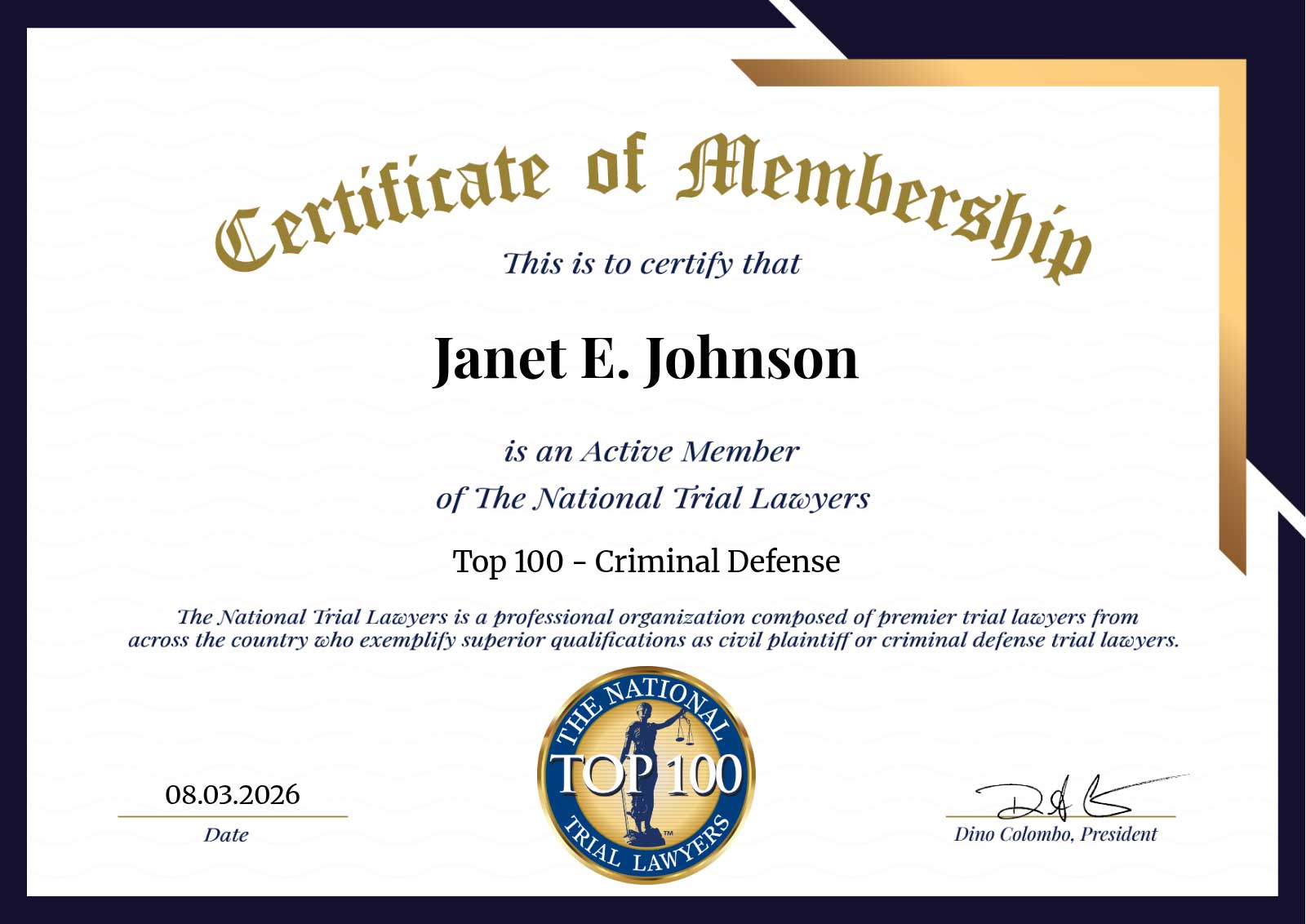 The National Trial Lawyers Top 100 Criminal Defense Certificate of Membership